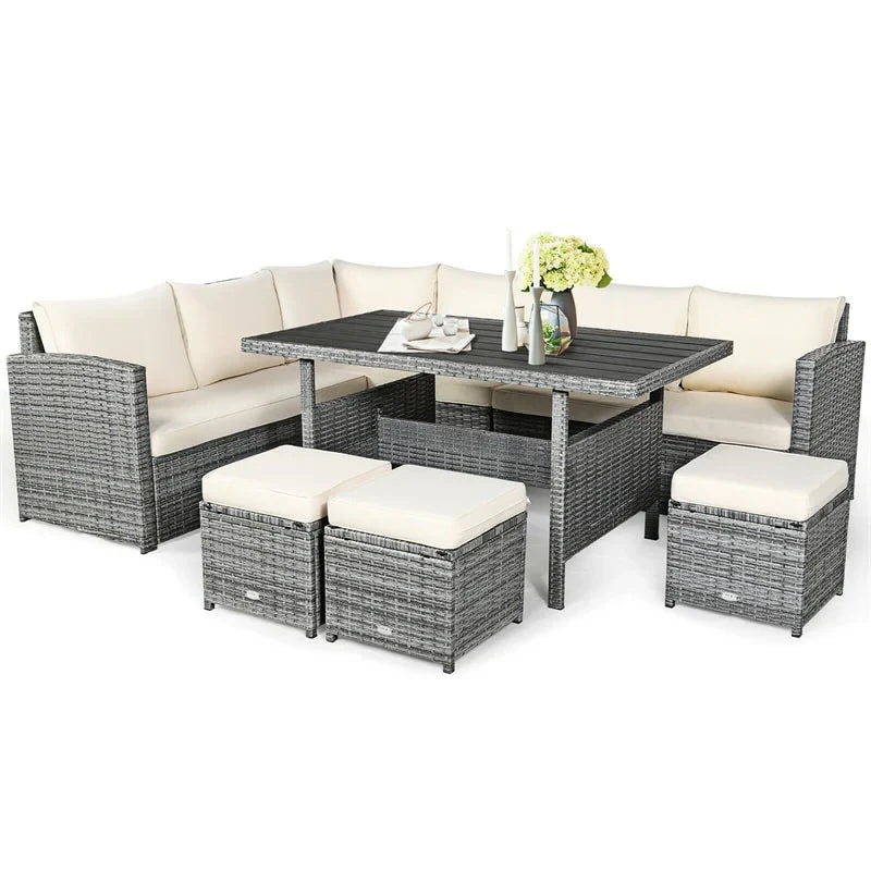 7-Piece Resin Wicker Outdoor Sectional Sofa Set With Dining Table, Ottomans And Cushions
