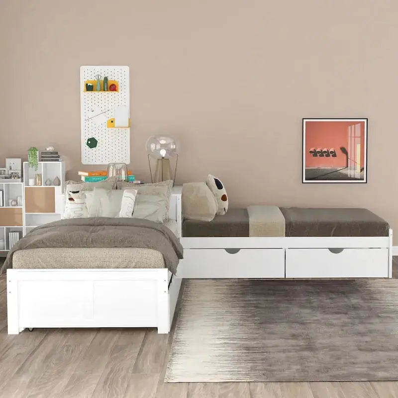 Modern White L-Shaped Twin Platform Bed With Built-In Trundle And Storage Drawers