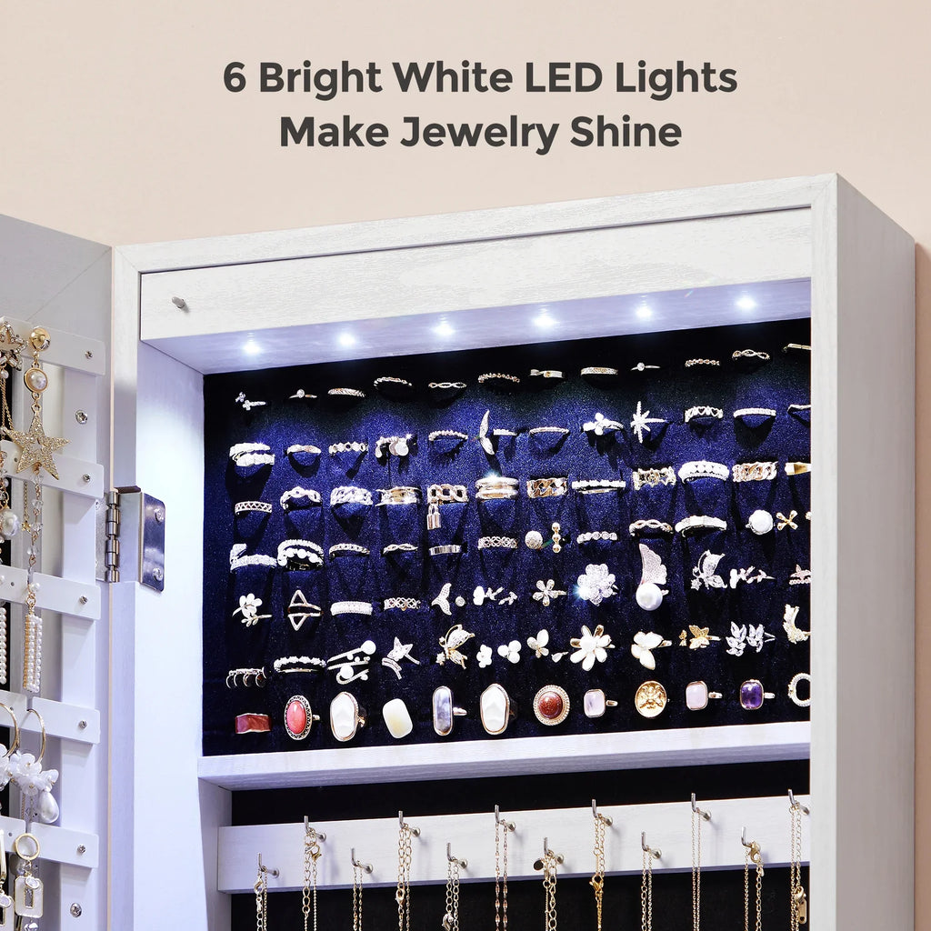 SONGMICS Wall Or Door Mounted Jewelry Cabinet With LED Interior Lights, Full-Length Mirror, White