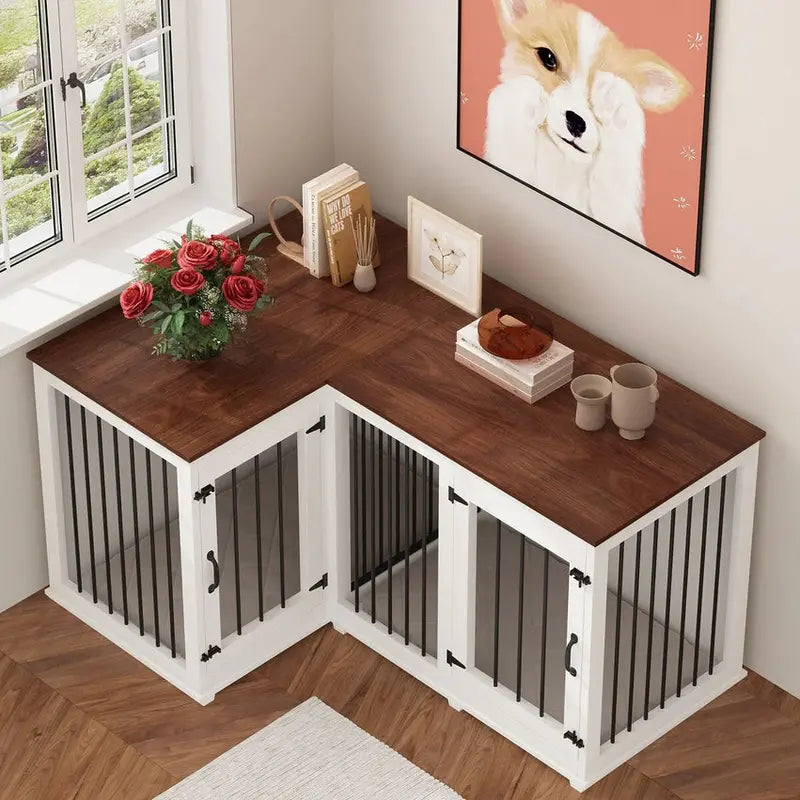 L-Shaped Corner Dog Crate Furniture, 58.7 in x 41.1 in