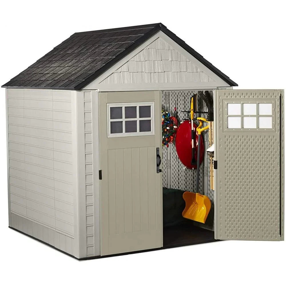 Rubbermaid Resin Outdoor Garden Storage Shed With Windows And Utility Hooks, Sand - 7x7 Ft