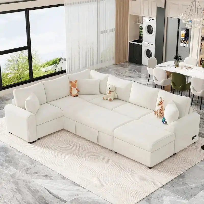 Modular Sectional Sofa Bed With Pull-Out Sleeper, Storage Ottoman, 112.2D x 86.2W x 35.8H