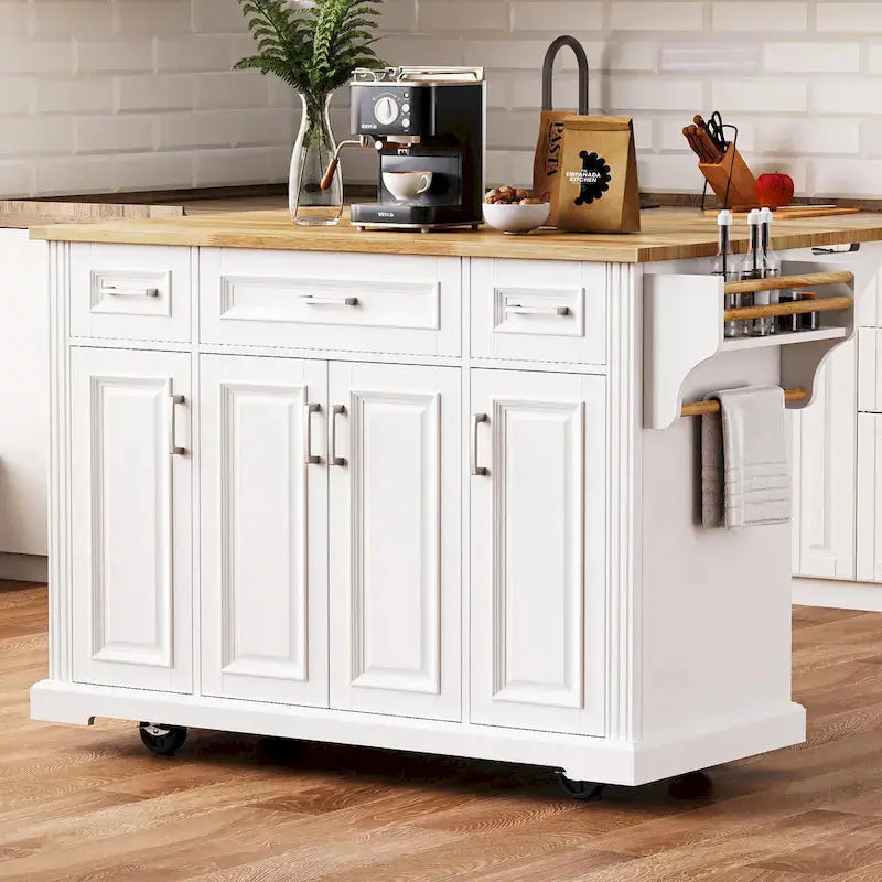 White Rolling Kitchen Island Cart With Drop-Leaf Wood Top, Embossed Finish, Doors And Drawers