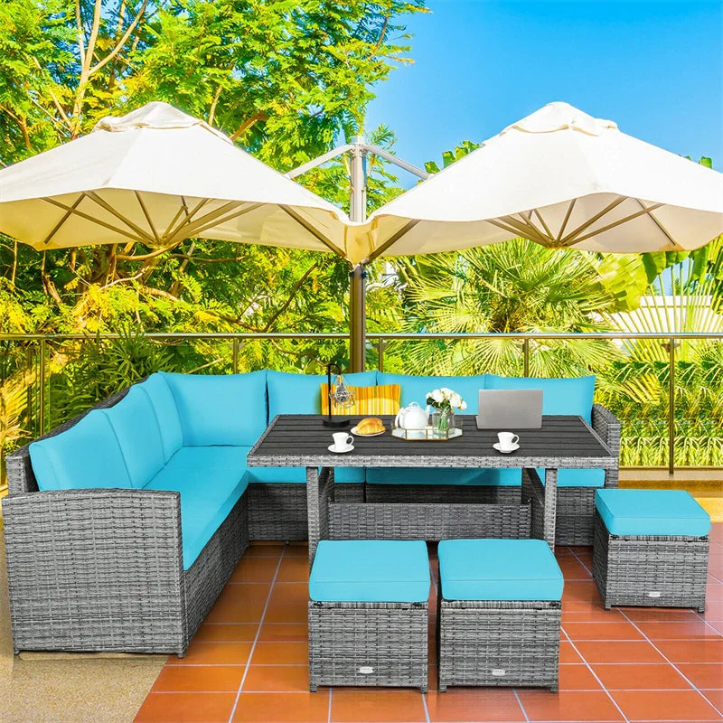 7-Piece Resin Wicker Outdoor Sectional Sofa Set With Dining Table, Ottomans And Cushions