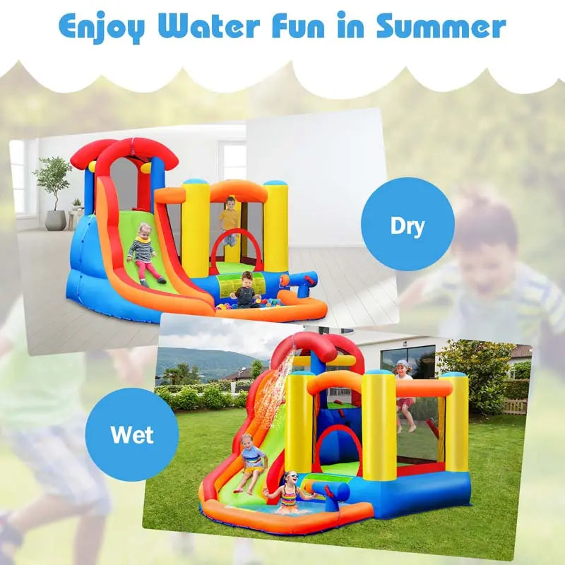 6-In-1 Inflatable Water Play Center With Slide, Trampoline Deck And 740W Air Blower