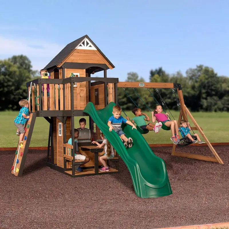Canyon Creek Cedar Outdoor Playset With Clubhouse, 8-Foot Slide, 2 Belt Swings, Web Disc Swing - 183 x 188 x 119 inches