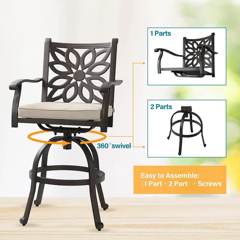 MAISON ARTS Cast Aluminum Patio Bar Set, 3-Piece, Bronze - Round Or Square Table