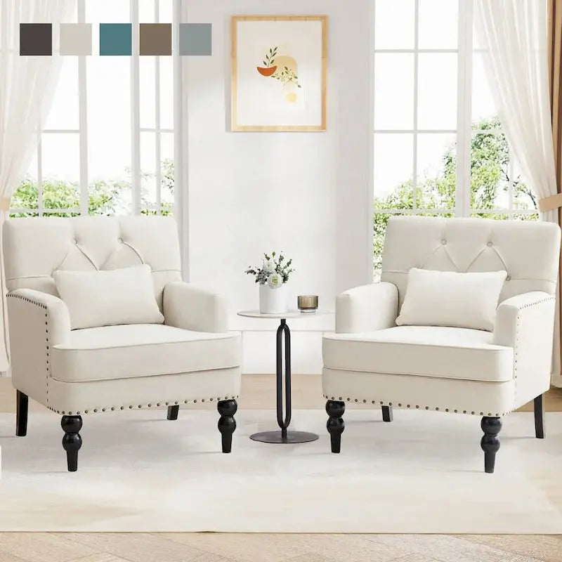 Set Of 2 Button-Tufted Upholstered Accent Armchairs With Lumbar Support Pillows