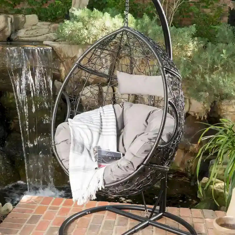 Weatherproof Wicker Hanging Basket Chair With Cushions, 300 lb Capacity