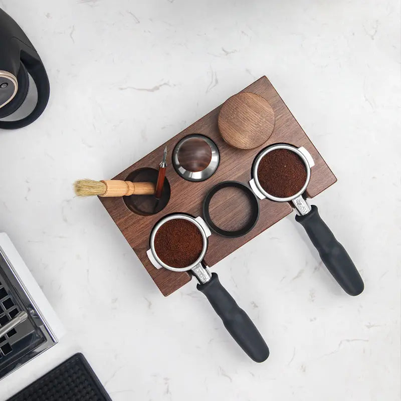 Cxren Solid Walnut Espresso Tamping Station Portafilter And Tamper Organizer For 51mm And 58mm Gear