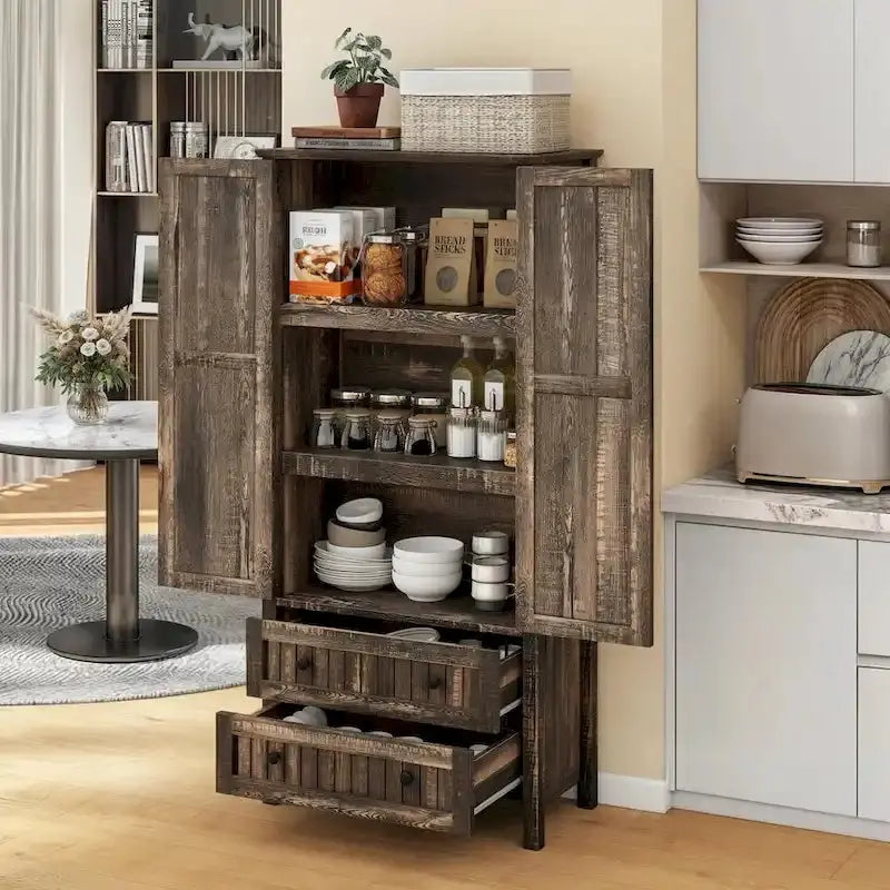 Farmhouse Kitchen Pantry Cabinet With 2 Drawers And Adjustable Shelves - 64in Tall