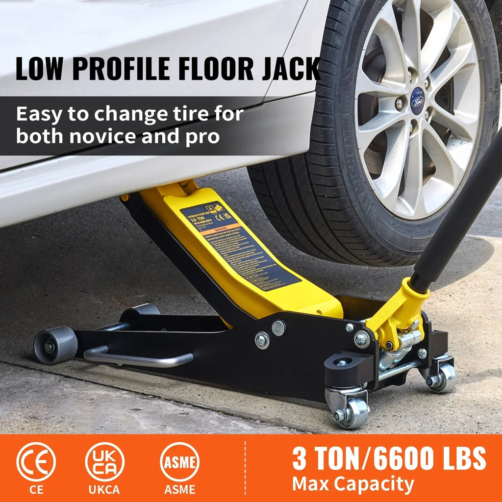 SKYSHALO Low Profile Hydraulic Racing Floor Jack 3 Ton (6600 lbs), Yellow And Black - 3-6/11 in To 19-11/16 in Lift Range