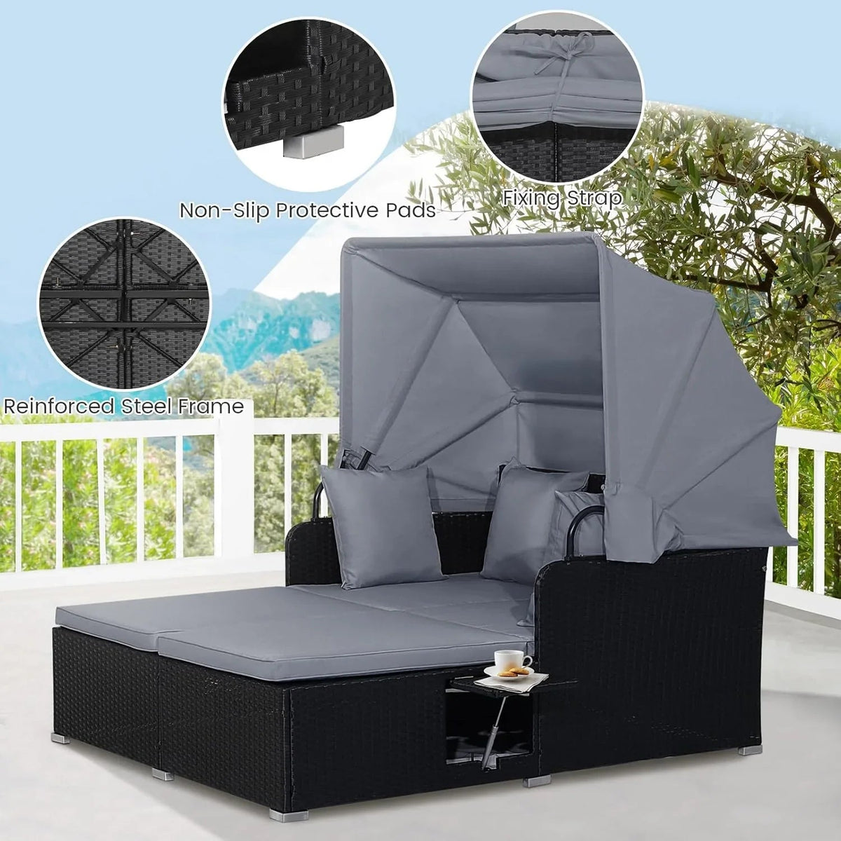 RELAX4LIFE Patio Daybed With Canopy, Cushions, 4 Pillows And 2 Side Trays, Turquoise - B0BYSN7GC7
