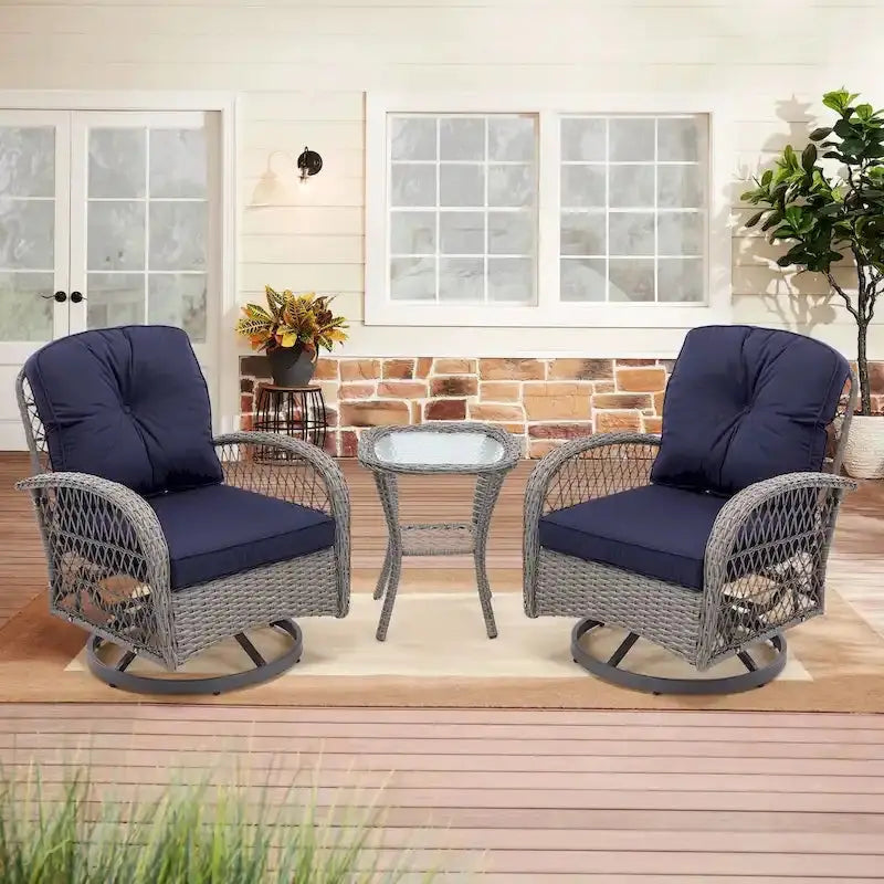 3-Piece Outdoor Swivel Rocker Conversation Set With Tempered Glass Coffee Table