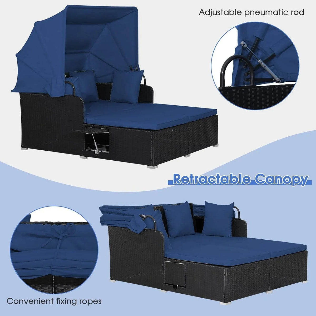 RELAX4LIFE Patio Daybed With Canopy, Cushions, 4 Pillows And 2 Side Trays, Turquoise - B0BYSN7GC7