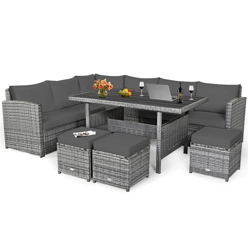 7-Piece Resin Wicker Outdoor Sectional Sofa Set With Dining Table, Ottomans And Cushions