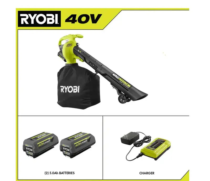 RYOBI Vac Attack 40V Cordless Leaf Vacuum & Mulcher With 2x 5.0Ah Batteries & Charger - RY40451-2B
