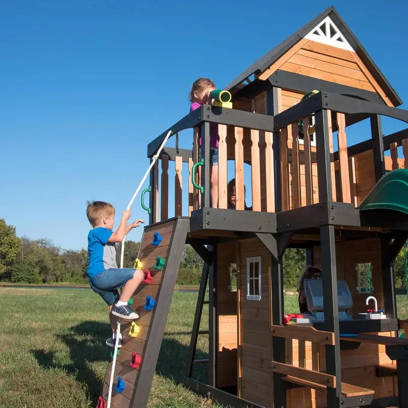 Canyon Creek Cedar Outdoor Playset With Clubhouse, 8-Foot Slide, 2 Belt Swings, Web Disc Swing - 183 x 188 x 119 inches