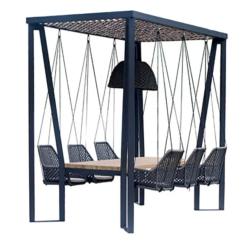 Skyline Design Horizon Pergola System With Integrated Lighting, Hanging Chairs And Teak Dining Table - 123 W x 73 D x 102 H