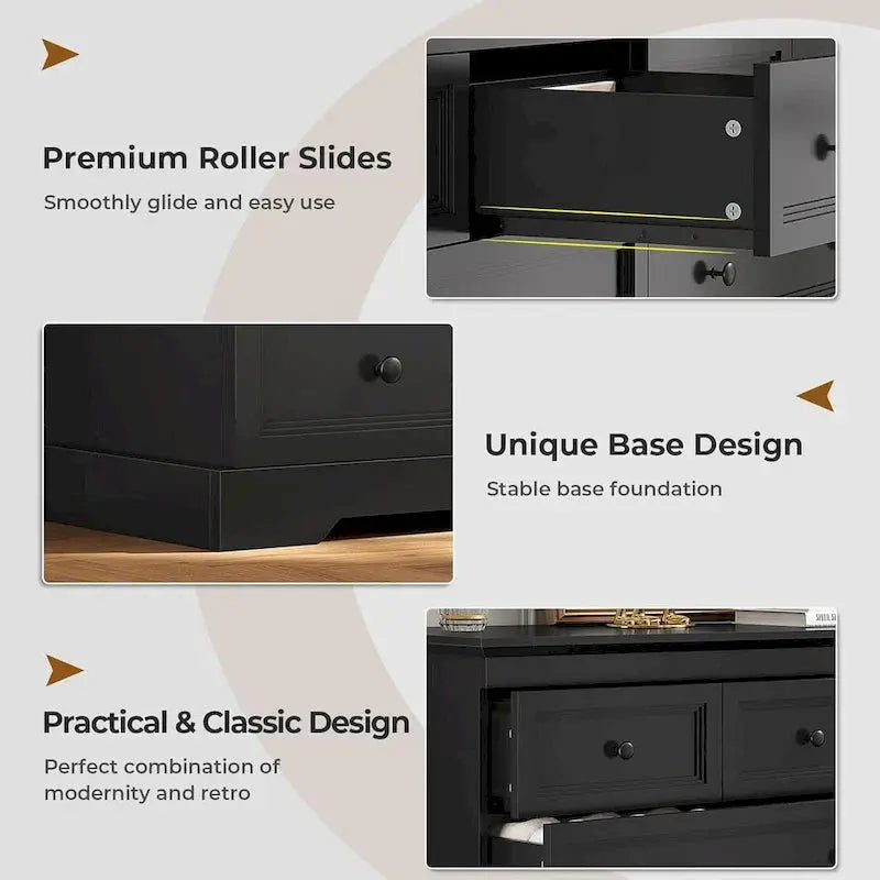 10-Drawer Wooden Dresser, White With Black Wood Top, 55 x 15.8 x 35 - Chest Of Drawers