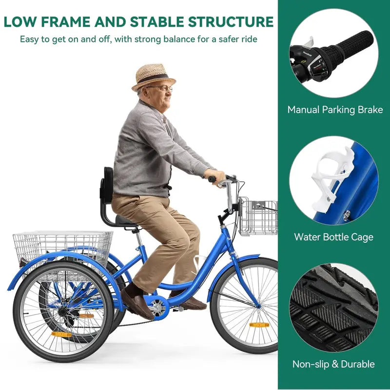 Adult 3-Wheel Pedal Tricycle, 24 And 26 Inch, 7-Speed