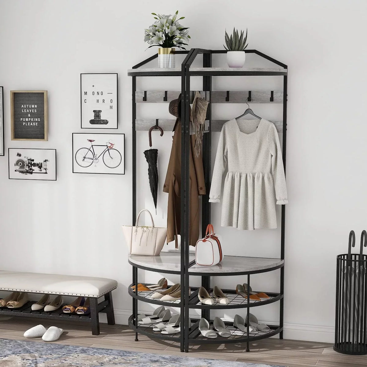 SQRTYVG Corner Hall Tree With Shoe Bench, 10 Movable Metal Hooks, Black - 71.3x18.1x18.1in