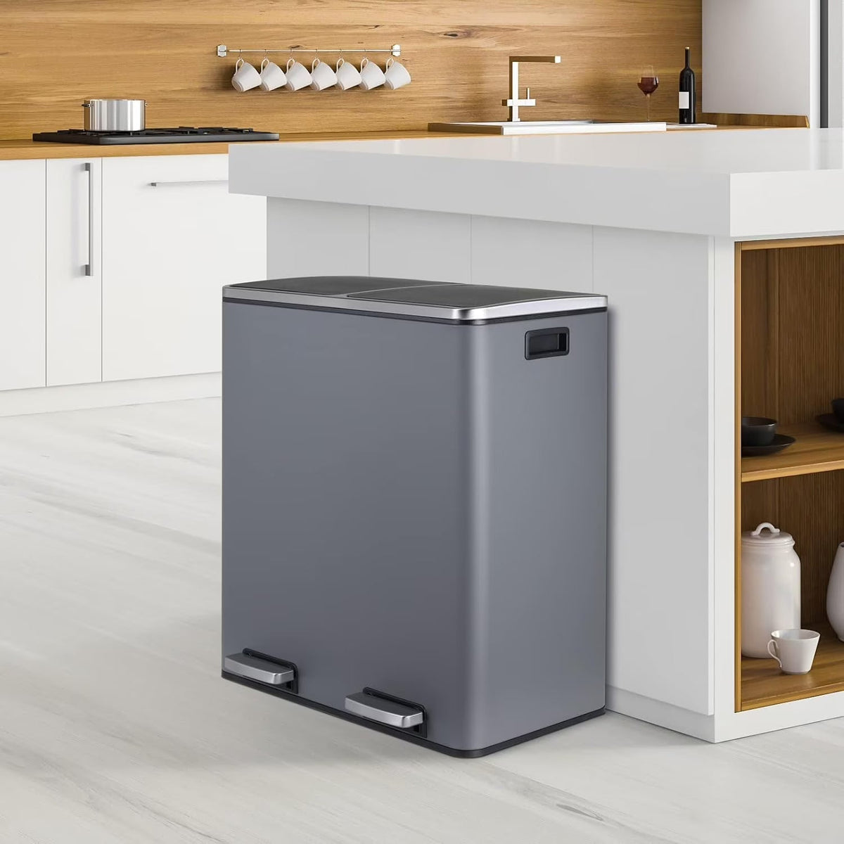 Arlopu Dual Kitchen Trash Can, 60 L/16 gal, Stainless Steel, Black