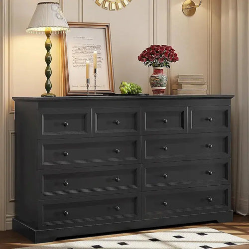 10-Drawer Wooden Dresser, White With Black Wood Top, 55 x 15.8 x 35 - Chest Of Drawers