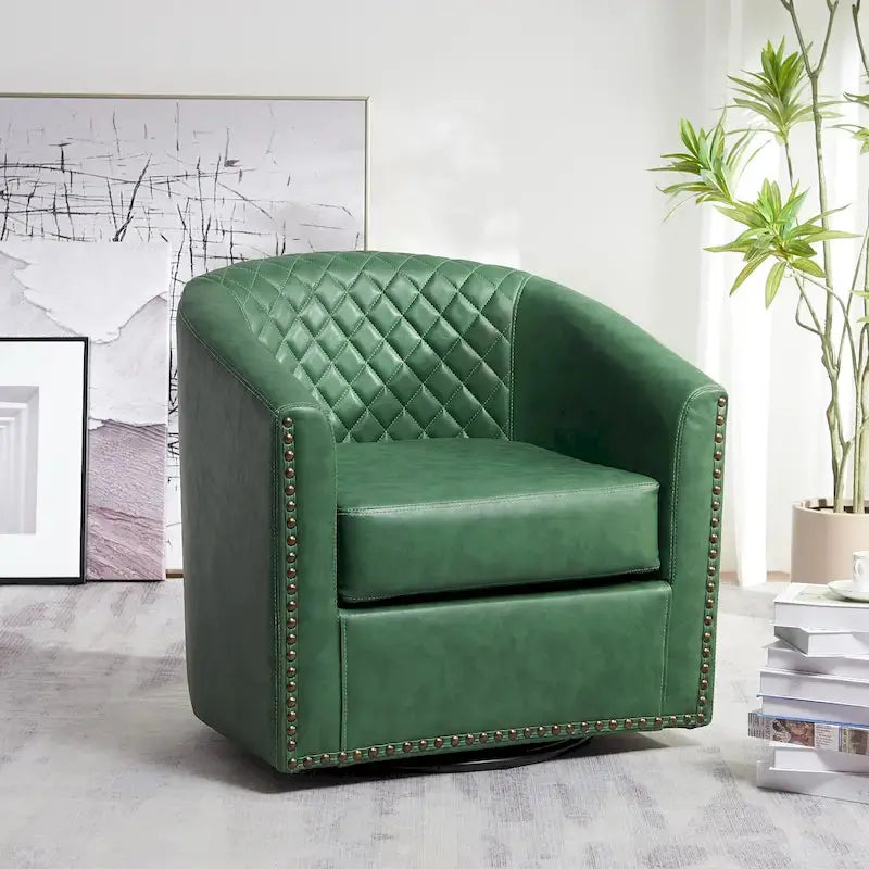 KINWELL Swivel Barrel Chair, 29 in Wide Tufted PU Leather - 360 Degree Rotation