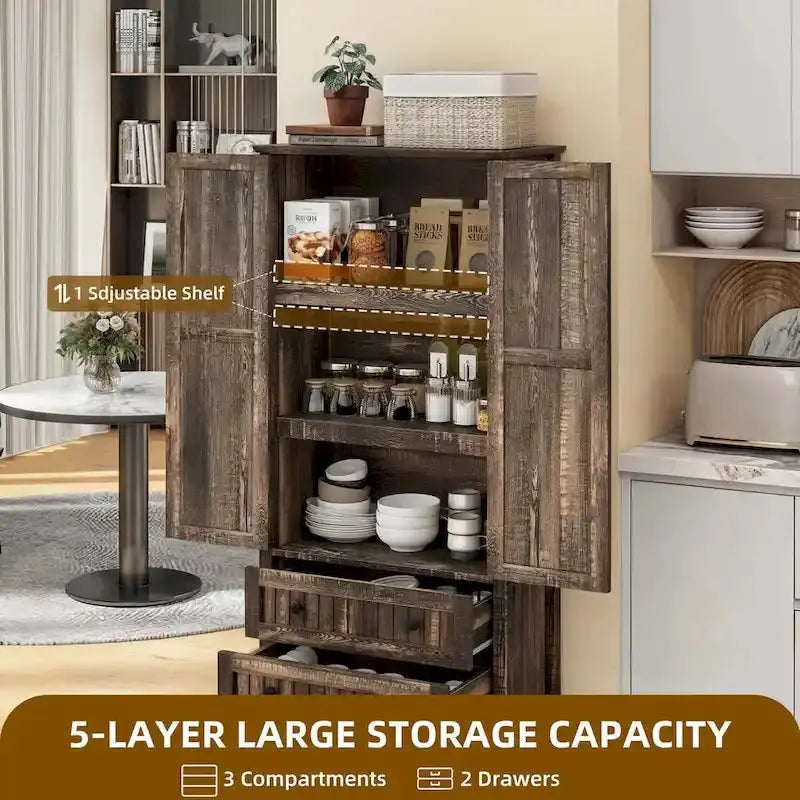 Farmhouse Kitchen Pantry Cabinet With 2 Drawers And Adjustable Shelves - 64in Tall