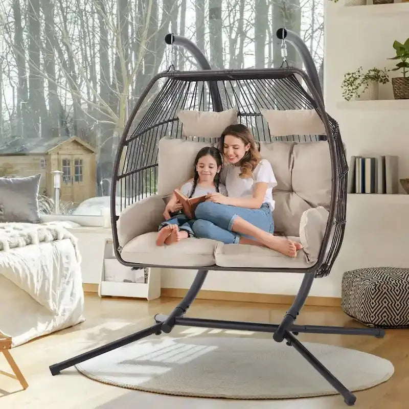 Double Outdoor Swing Loveseat With Stand, Awning And Cushions - Beige