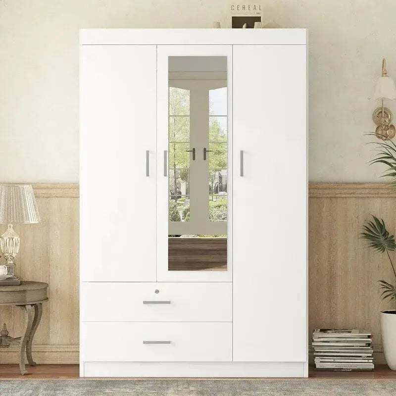 3-Door Mirror-Front Wardrobe With Integrated Shelving And Dual Storage Drawers