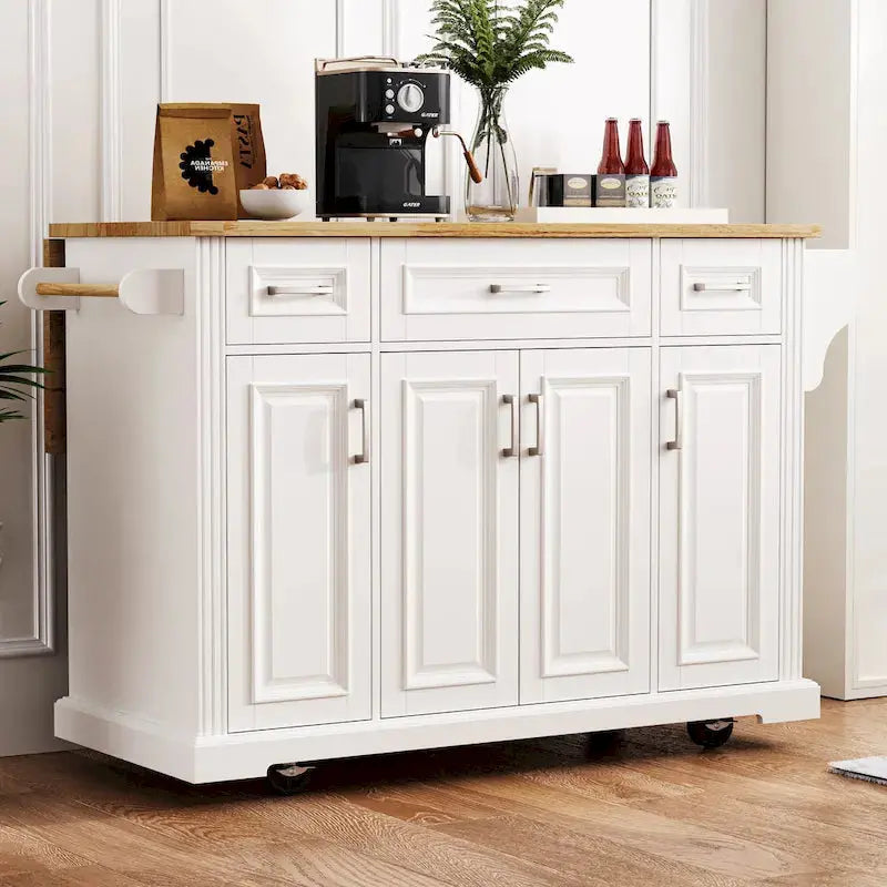 White Rolling Kitchen Island Cart With Drop-Leaf Wood Top, Embossed Finish, Doors And Drawers