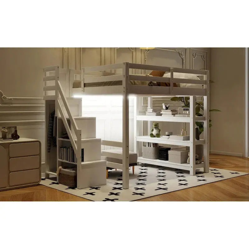 Full/Twin Loft Bed With Integrated Staircase Storage, Wardrobe And LED Lighting