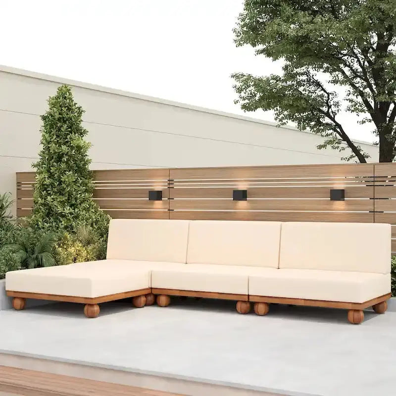 Scott Living Dulcie 4-Piece Acacia Wood L-Shaped Outdoor Sectional, 29.92D x 106.29W x 27.95H, Ottoman 31.10D x 35.43W x 11.81H