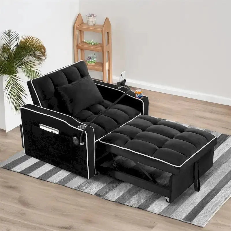 Convertible Sleeper Chair With USB And Type-C Ports - Black Or Grey